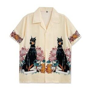 Mens Hawaiian Streetwear Lencauze Shirt Tan Doberman Dog Short Sleeve Size XS